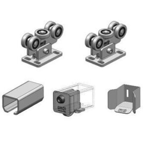 C65/F5 KIT – KANO úszókapu vasalat szett C65 sínnel, 5 görgos csapágy, furatos talp