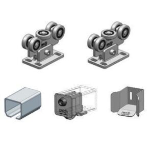 C65/H/F5 KIT – KANO úszókapu vasalat szett C65H sínnel,5 görgos csapágy, furatos talp