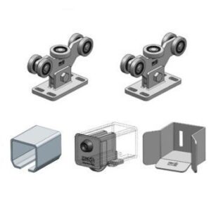 C75/H/F5 KIT – KANO úszókapu vasalat szett C75H sínnel,5 görgos csapágy, furatos talp