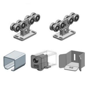 C75/H/F8 KIT – KANO úszókapu vasalat szett C75H sínnel,8 görgos csapágy, furatos talp