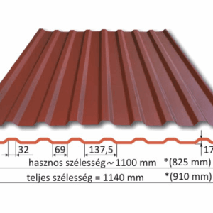 T18 trapézlemez és méretezett profilrajz, 1100 mm hasznos és 1140 mm teljes szélességgel
